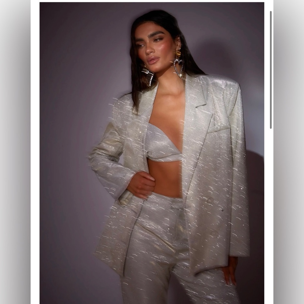 SLA The Label Gold Paloma Blazer, Bra, and Pants.